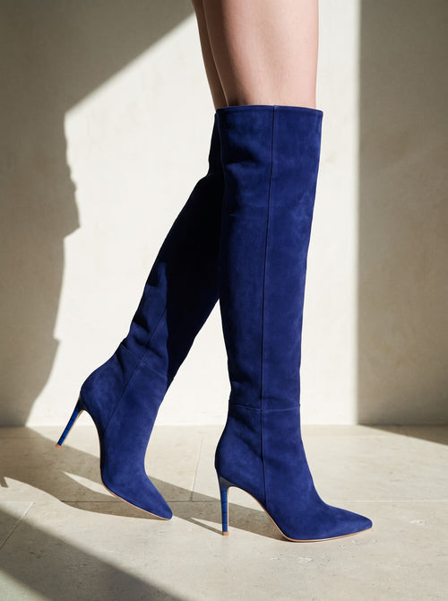 Cizme Lungi Milana Piele Intoarsa, Bleumarin