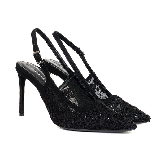 Pantofi Iana Piele Intoarsa/Dantela, Negri - Premium Collection