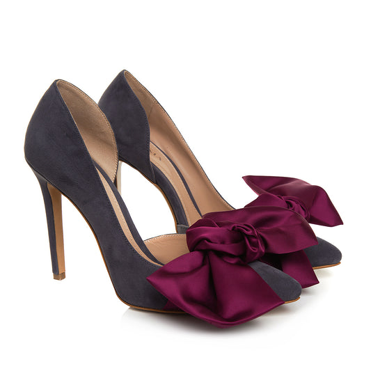 Pantofi Samantha cu Funda, Piele Intoarsa, Gri Inchis/Burgundy