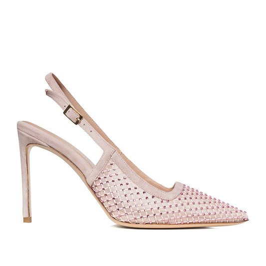 Pantofi Iana Piele Intoarsa/Plasa cu Aplicatii Stralucitoare, Roz - Premium Collection