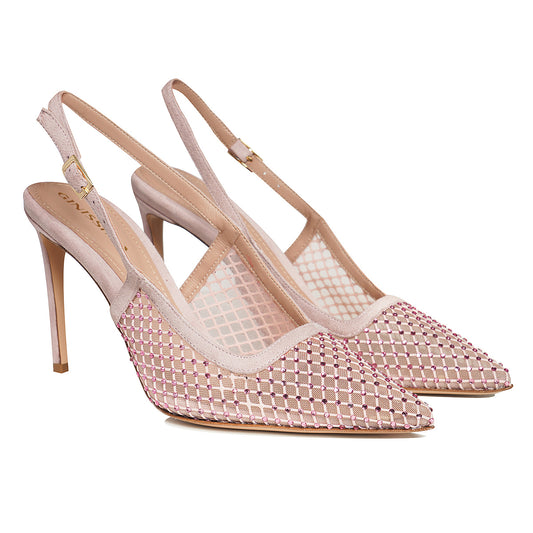 Pantofi Iana Piele Intoarsa/Plasa cu Aplicatii Stralucitoare, Roz - Premium Collection