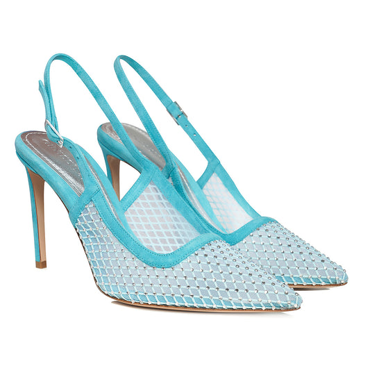 Pantofi Iana Piele Intoarsa/Plasa cu Aplicatii Stralucitoare, Aqua - Premium Collection