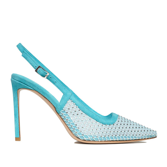 Pantofi Iana Piele Intoarsa/Plasa cu Aplicatii Stralucitoare, Aqua - Premium Collection