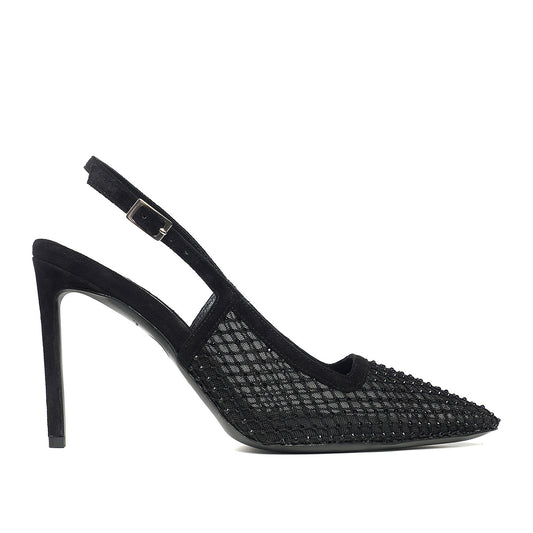 Pantofi Iana Piele Intoarsa/Plasa cu Aplicatii Stralucitoare, Negru - Premium Collection