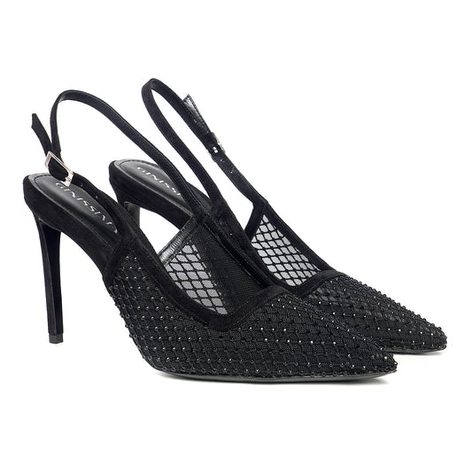 Pantofi Iana Piele Intoarsa/Plasa cu Aplicatii Stralucitoare, Negru - Premium Collection