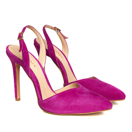 Pantofi Alice Decupat in V, Piele Intoarsa, Fucsia